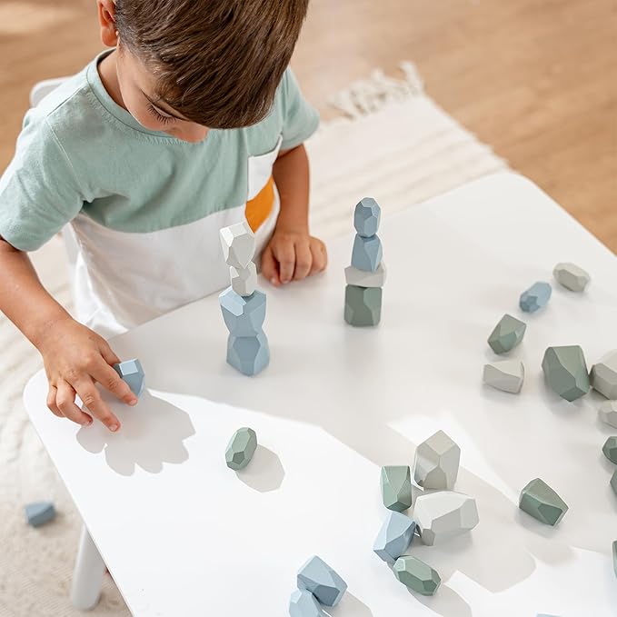 Comfy Cubs Stacking Rocks 36 Pieces, 36 Months+, Educational Toddler Stacking Blocks, Promotes Imagination, Balance & Fine Motor Skills - Wooden Rocks Sensory Toys Gift for Kid, Boy Pack