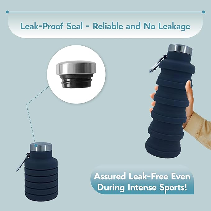 Collapsible Water Bottles 17oz, Odorless BPA-Free Silicone, Leak-Proof Foldable Reusable Bottle - Perfect for Travel Sports Gym Hiking Camping Cycling - Dark Gray