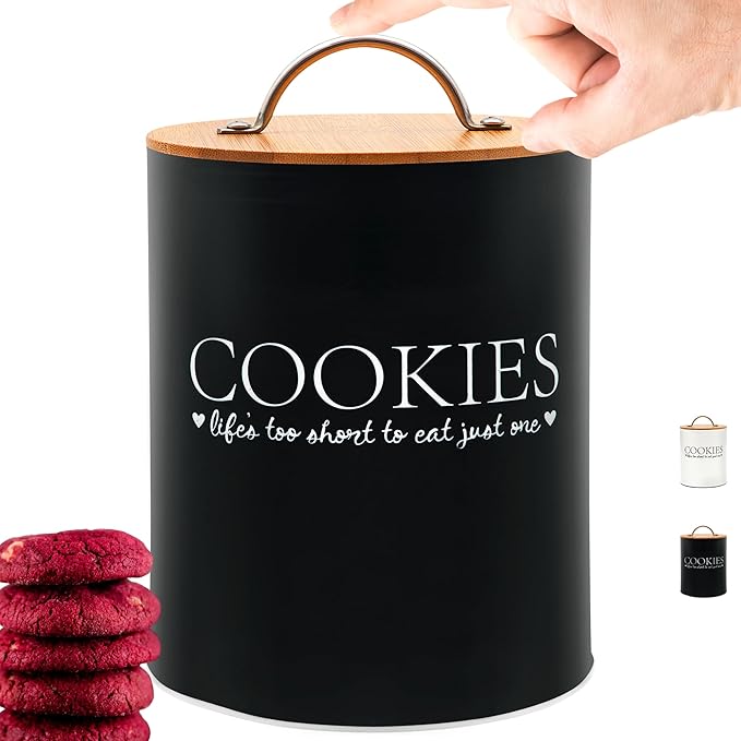 D'Lifeful Cookie Jar with Airtight Bamboo Lid – 0.6 Gallon Cute and Decorative Cookie Storage for Kitchen Countertop – Farmhouse Storage Tin for Freshness – Great Gift Idea