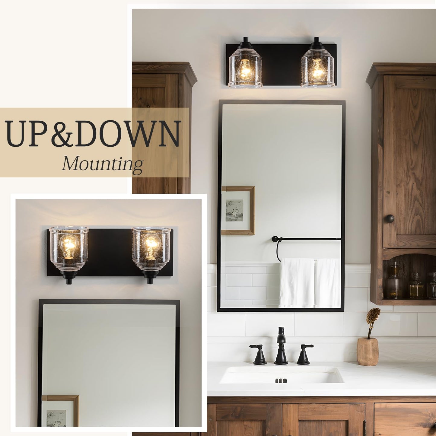 YKLITG Bathroom Vanity Light, 2-Light Black Metal with Bubble Glass Shades, Model BD005 S, 15.8in Farmhouse Rustic Decor