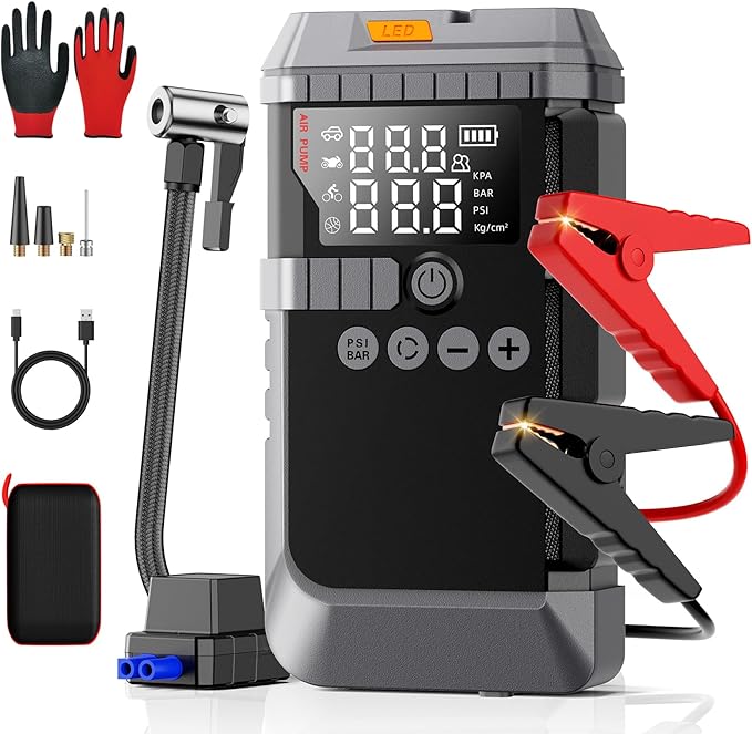 6000A Jump Starter with 160PSI Air Compressor, 12V Portable Car Jumper Starter (All Gas/12L Diesel), Jump Box with Jump Cl...