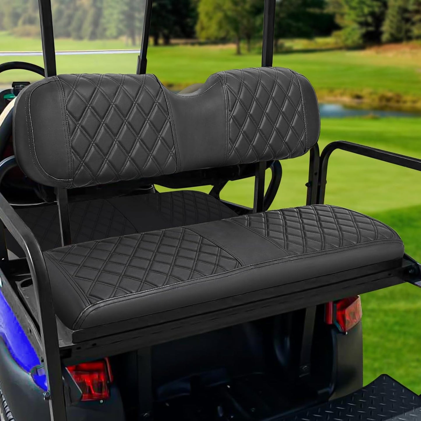 iLSKW Golf Cart Seat Covers for Rear Seat Fit Club Car EZGO Yamaha, Thinck Vinyl Leather with Convex Diamond Texure, Comfortable, Support Back,Breathable,Anti-Fading