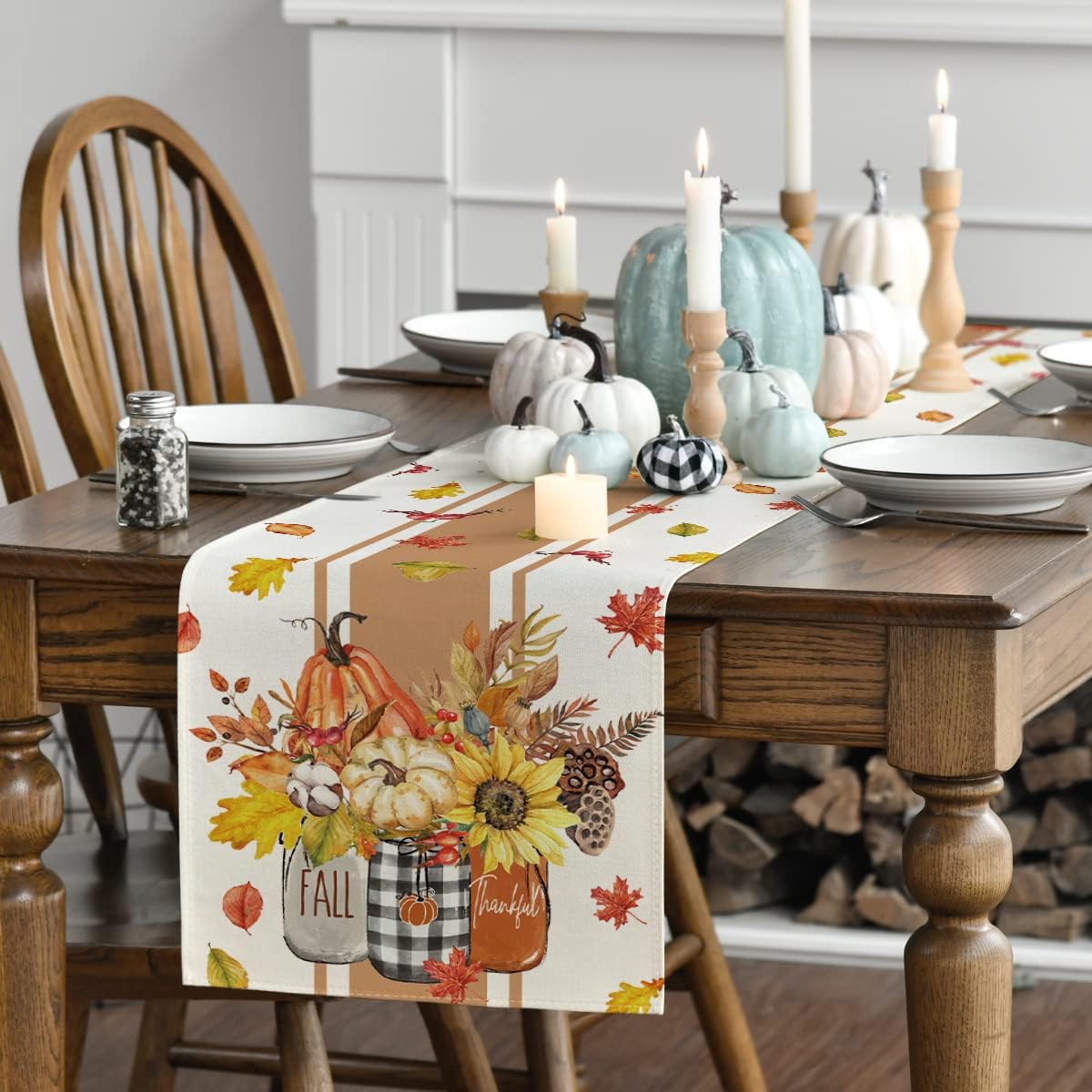 Artoid Mode Thankful Fall Pumpkin Leaves Floral Vases Table Runner, Autumn Thanksgiving Kitchen Dining Table Decoration for Home Party Decor 13x60 Inch