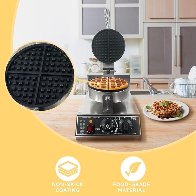 Commercial Waffle Maker, 1200W Stainless Steel Round Waffle Irons with Adjustable Temperature and Time Control, Non-Stick Design, Perfect for Home Kitchen, Restaurant, Bakeries