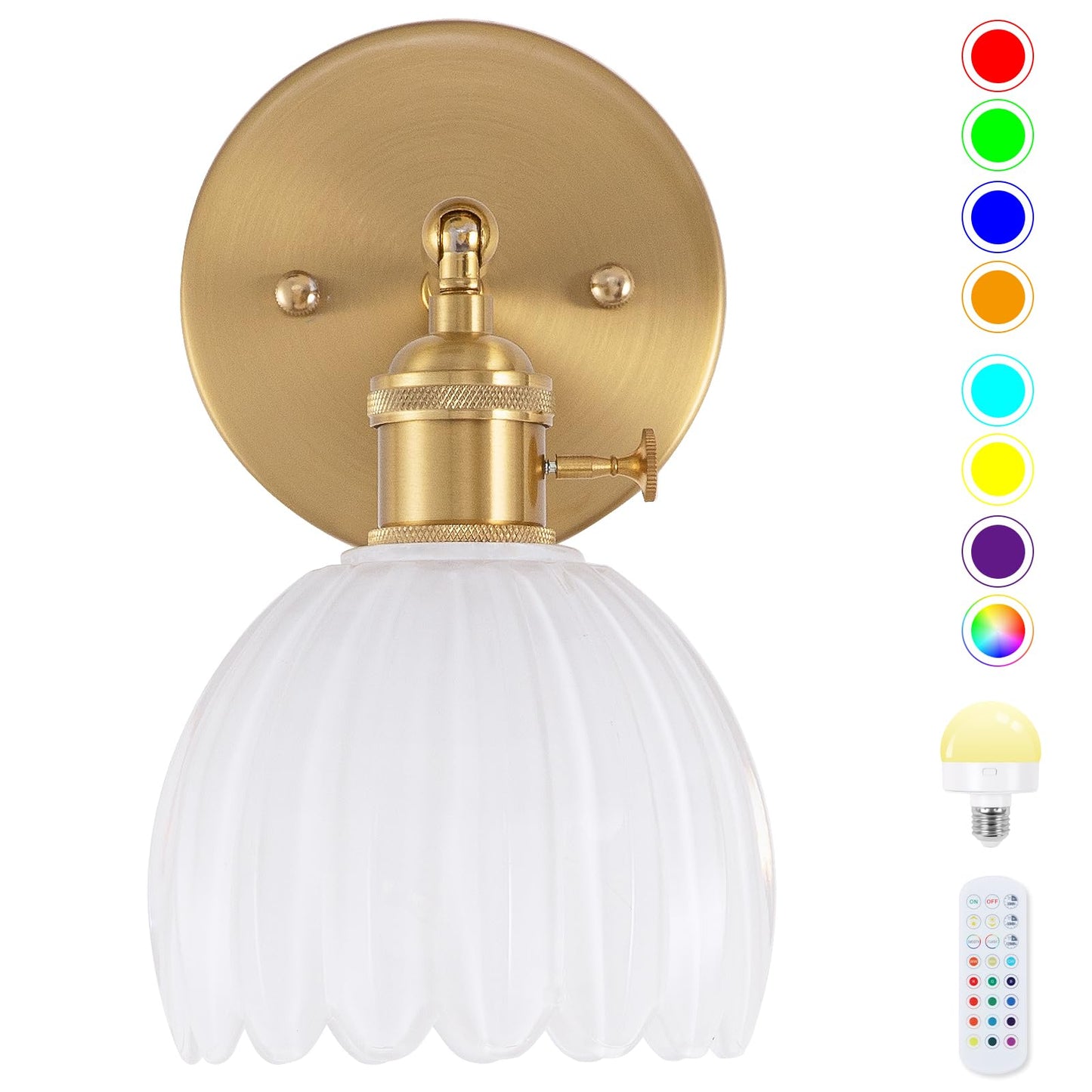 EIDEARAY Battery Operated Wall Sconce, Vintage Glass Tulip Lampshade, Rechargeable with Remote Control, Milky White, Model YLC-BRO3TB