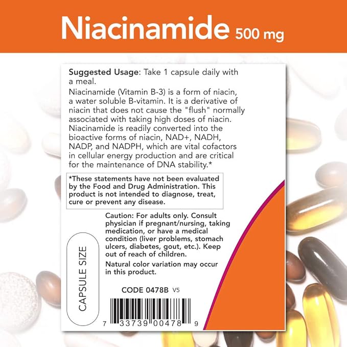 NOW FOODS Niacinamide 500mg Vitamin B-3 Capsules, 100 Count (3 Pack)