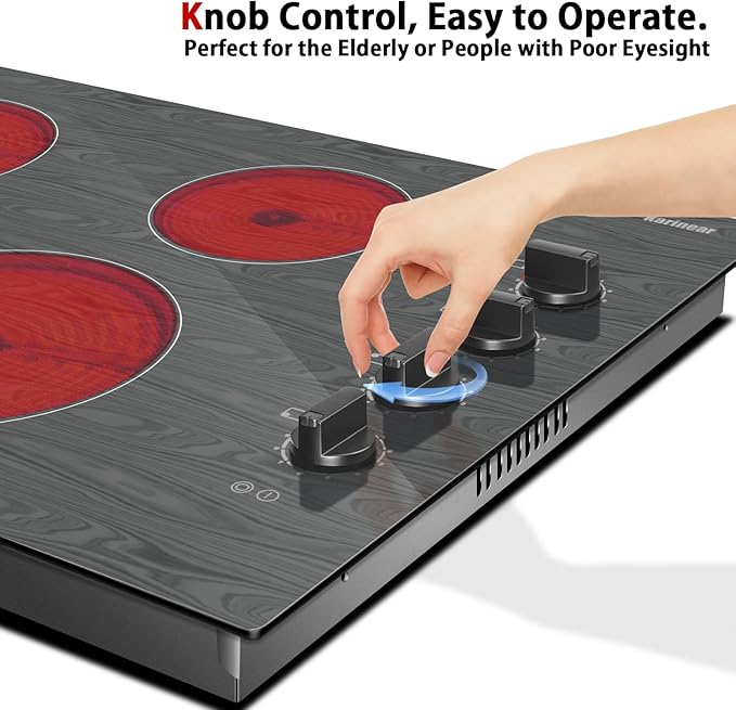 Karinear 30 Inch 4 Burners Electric Cooktop, Knob Control Electric Stove Glass Cooktops with Beautiful Wooden Pattern, 30" Built-in Radiant Ceramic Cooktop,6700W High Power,220-240v Hard Wire(No Plug)