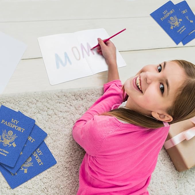 100 Pcs Blank Passport Notebook Blue Passport Book Fake Passport Travel Journal Sticker Collection Book for Kids School Projects World Travel Pretend Activity Party Favors, 5.51x3.9 Inch