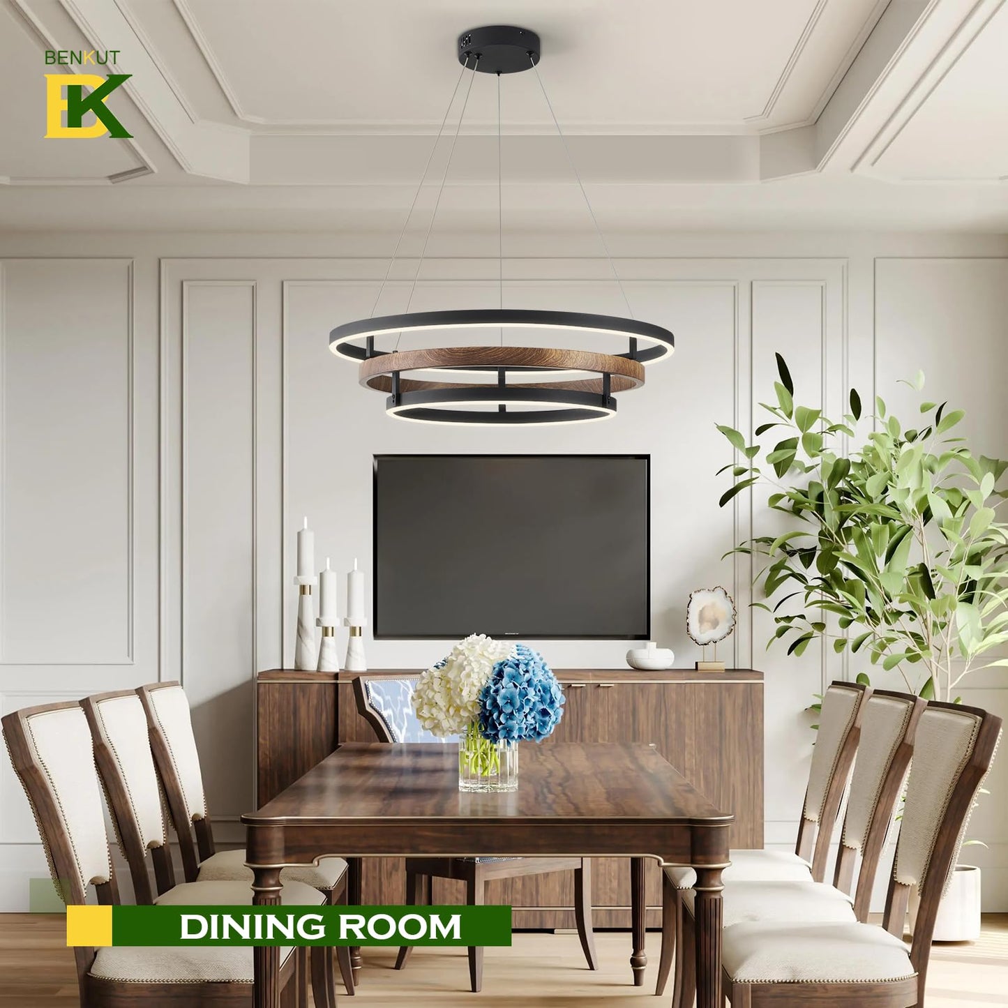 Benkut Modern LED Chandelier Pendant Light Black Dimmable 3 Rings 23.6 in Metal for Dining Room & Kitchen, Model BENKUT-D236-MODERN-BLACK