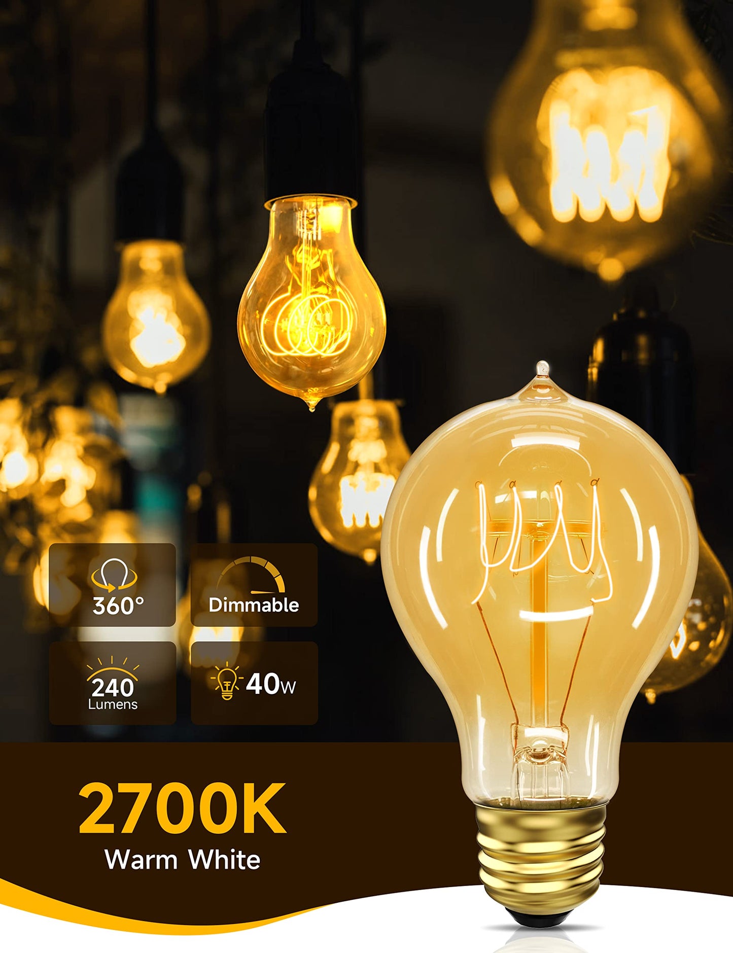 Unilamp Edison Bulbs 40W Vintage A19 Incandescent Light Bulbs, Warm White 2700K, E26 Dimmable, 4 Pack