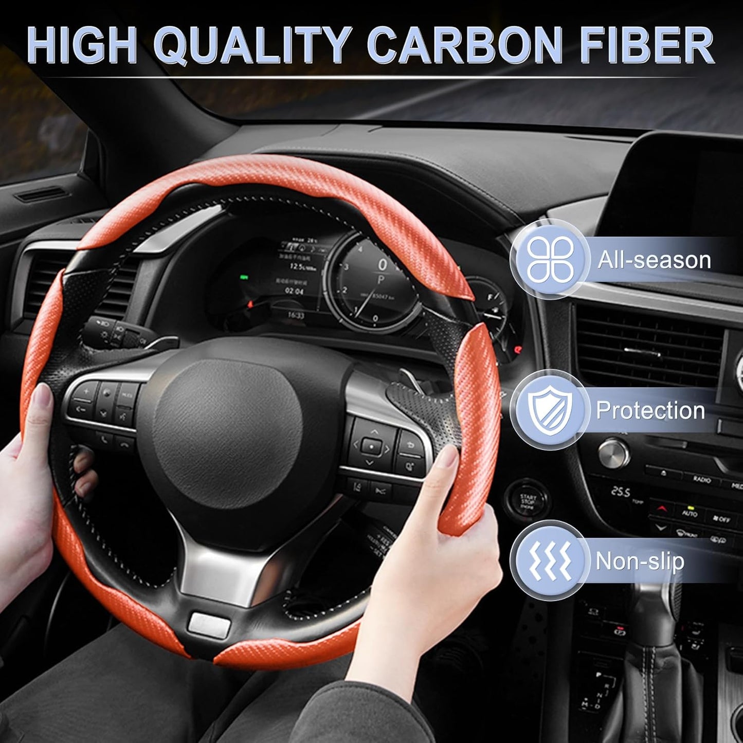 Amiss 3pcs Carbon Fiber Anti-Skid Steering Wheel Cover, Segmented & Butterfly Design, Universal 99% Car Wheel Cover Protector, Orange
