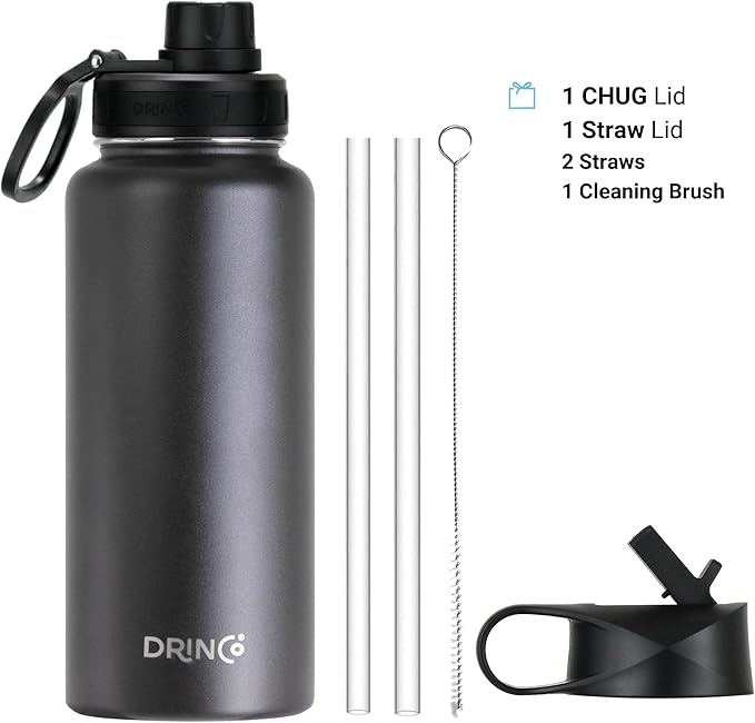 DRINCO Stainless Steel Water Bottle Spout Lid Vacuum Insulated Double Wall Water Bottle USA Flag Military Veteran (32oz Skull Black, 32oz)