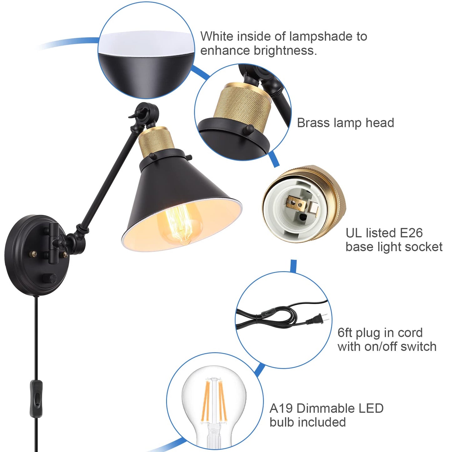 TRLIFE Wall Sconce Plug in - Dimmable Swing Arm Lights, 2 Pack, UL Listed, Metal, Black, Model Arm-Sconce-01-2P