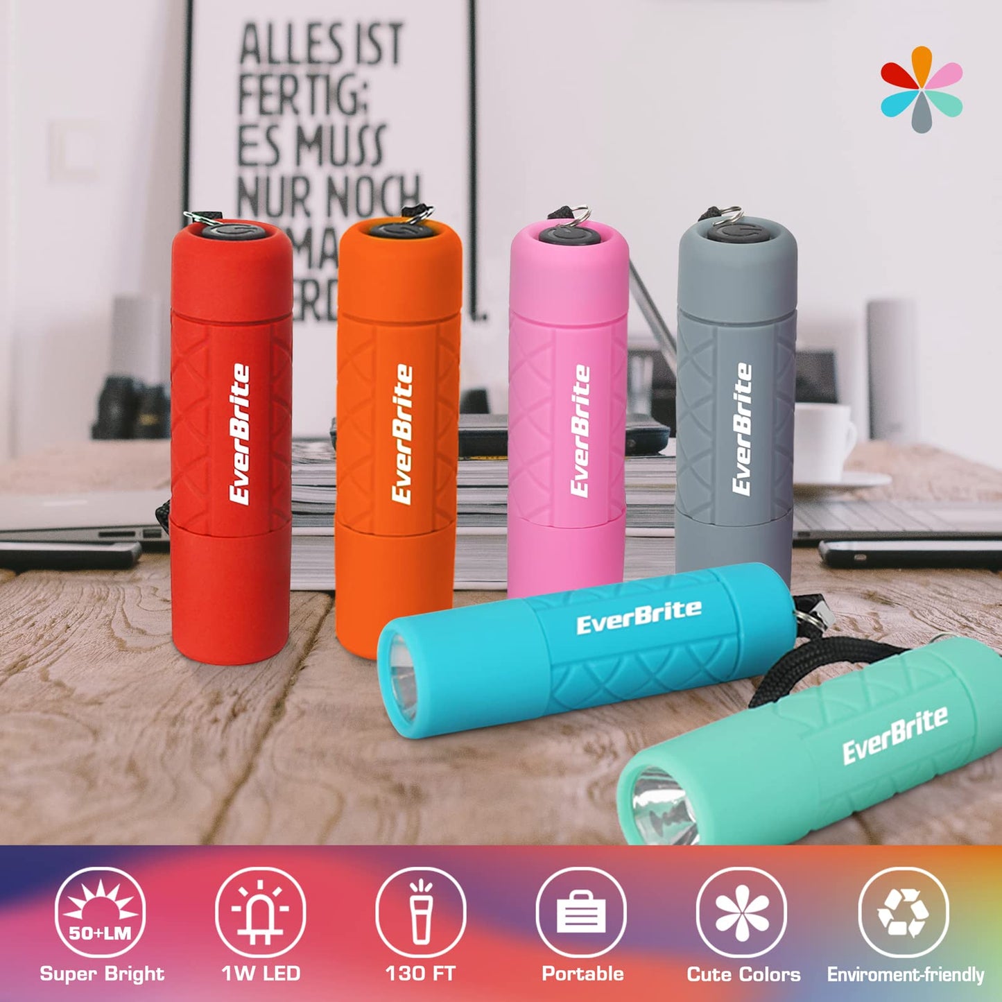 EverBrite Mini Flashlight Set, 6-Pack Multicolor LED, 1W, Includes 18 AAA Batteries, Ideal for Camping, Hiking, Emergencies, Green