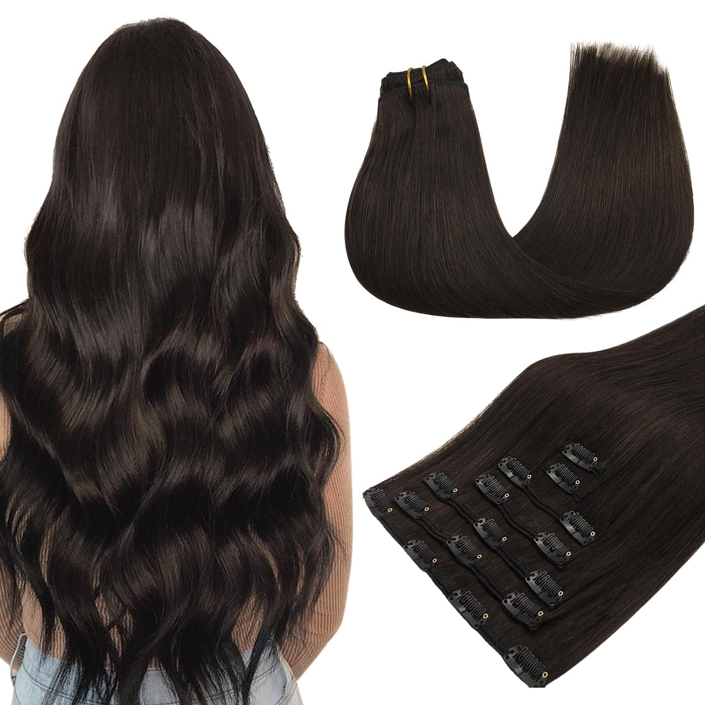 MAXITA Human Hair Clip in Extensions, Dark Brown 120g 7pcs 22 Inch, Hair Extensions Clip ins Remy Human Hair Extensions Straight