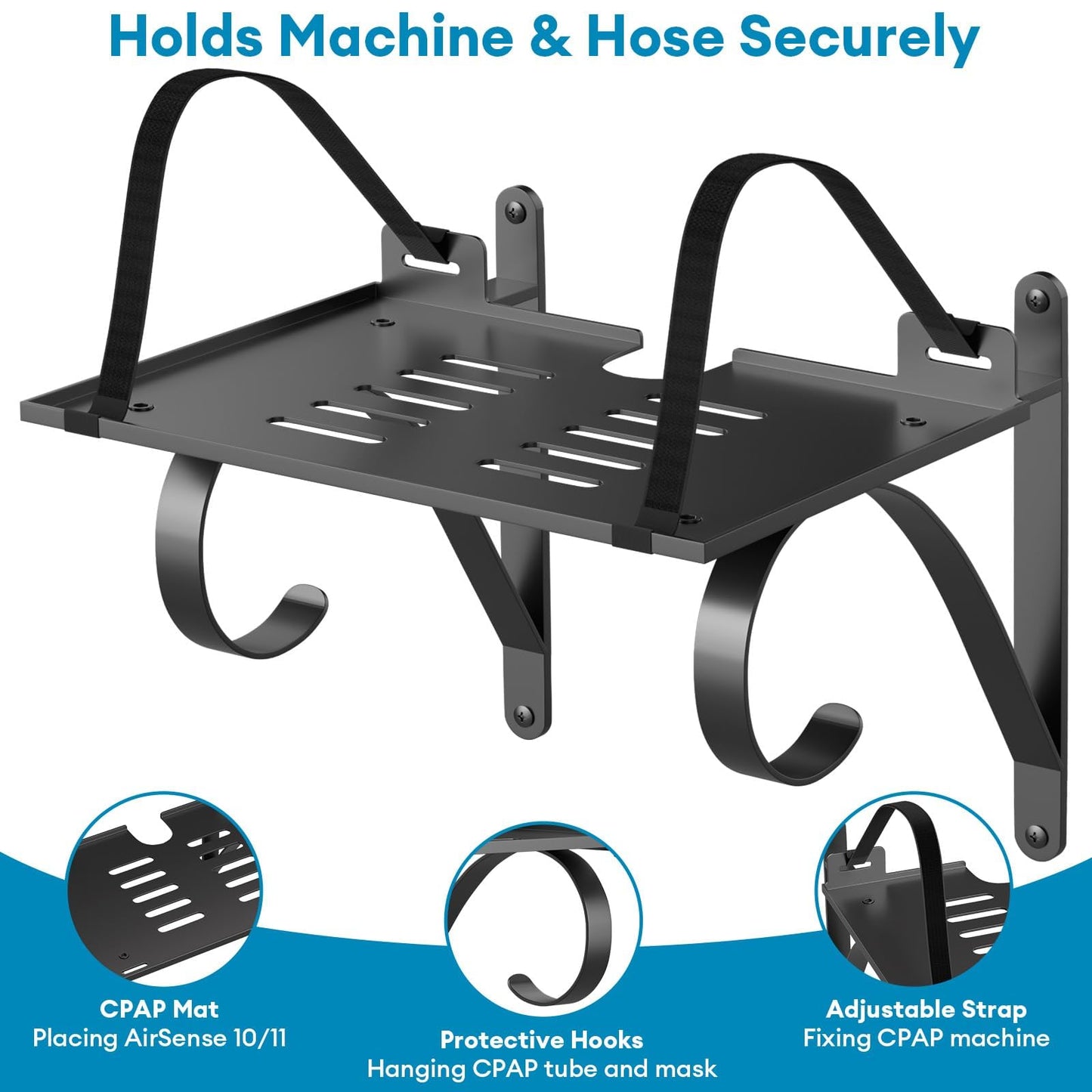 CPAP Wall Mount Shelf Stand for ResMed AirSense 10/11 CPAP Hose Holder for Bed, Heavy Duty CPAP Holder Bedside with Extra Large Surface, Adjustable Hose Hanger & Mask Hook, Space-Saving & Durable
