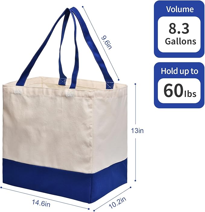 Canvas Reusable Grocery Bags Heavy Duty, 8.3 gal Foldable Large Tote Bag with Handles, Holds 60 lbs Canvas Shopping Bags, 1 Pack