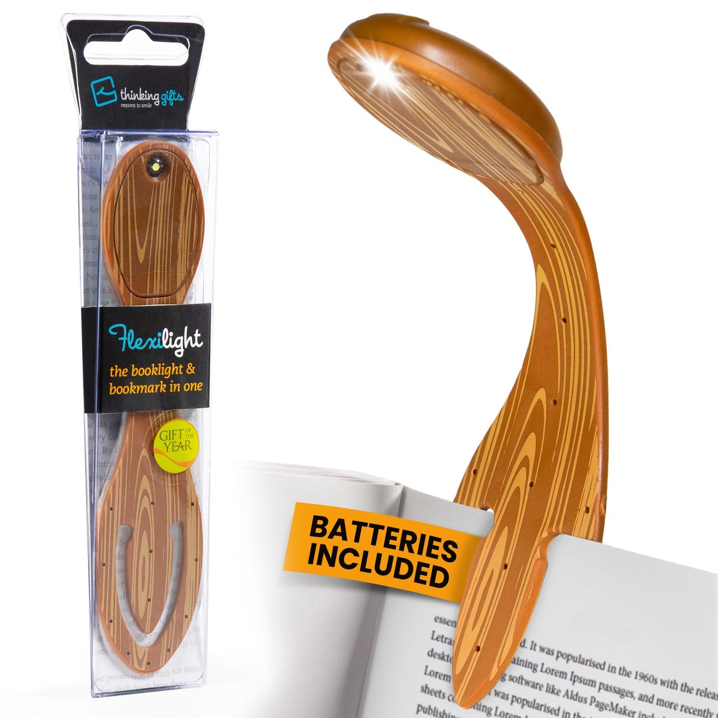 Gifts for Readers & Writers Flexilight Bookmark Reading Light | LED Clip On, Battery Operated, Wood, Model 2