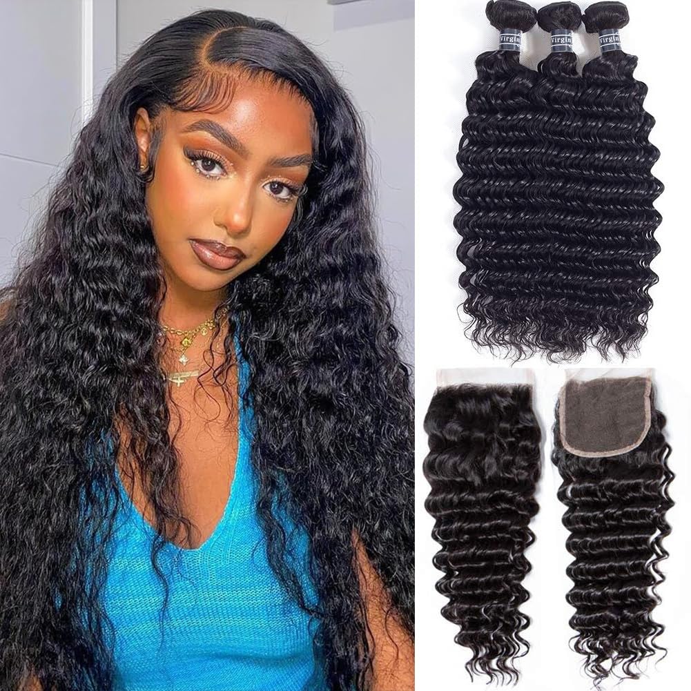 Amella Hair Deep Wave Bundles With Closure Brazilian Virgin Hair Deep Curly 3 Bundles With Lace Closure Free Part 100% Unprocess