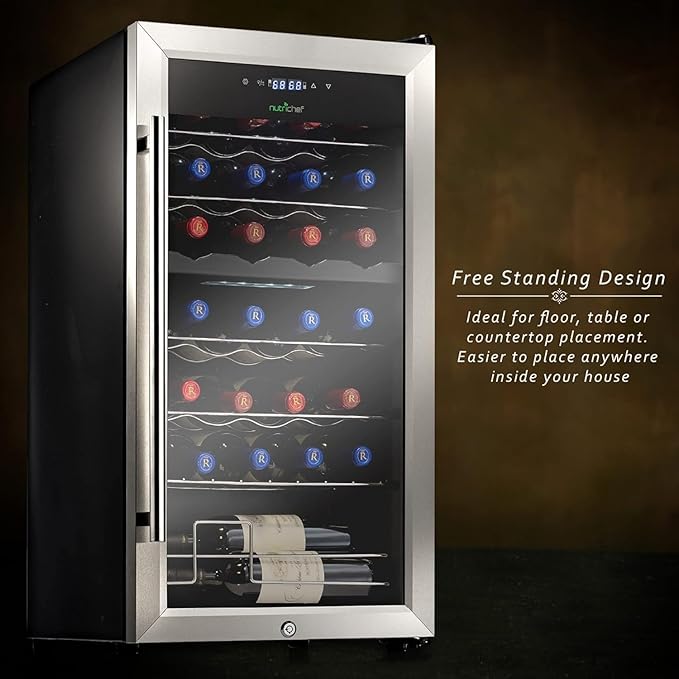 Nutrichef 28 Bottle Wine Fridge - Dual Zone Wine Chiller, Adjustable Temperature 41°F to 64°F, Ultra Quiet Operation, Free Standing Wine Cooler For Home, & Office, 33 x 11 x 26 IN (Black)