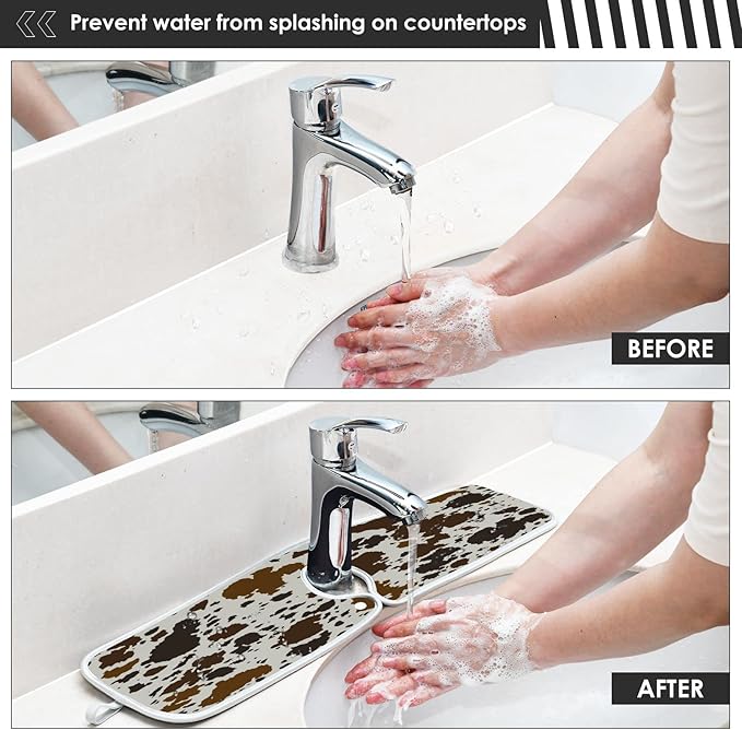 Kitchen Faucet Absorbent Mat,Cowhide Leather Water Splash Guard for Sink, Faucet Drip Catcher Thicken Sponge Microfiber Faucet Water Catcher Mat Sink Absorbent Mat for Kitchen 30x5in 2 Pack
