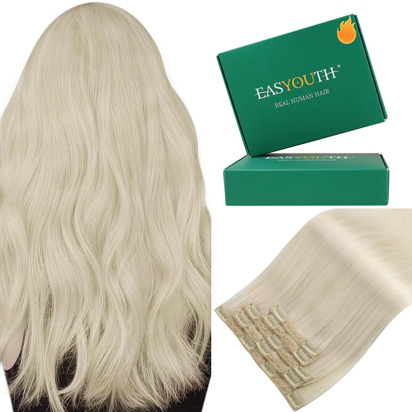 Easyouth 20 Inch Clip in Human Hair Extensions Blonde Remy Human Hair Clip in Extensions White Blonde Clips on Human Hair Extens