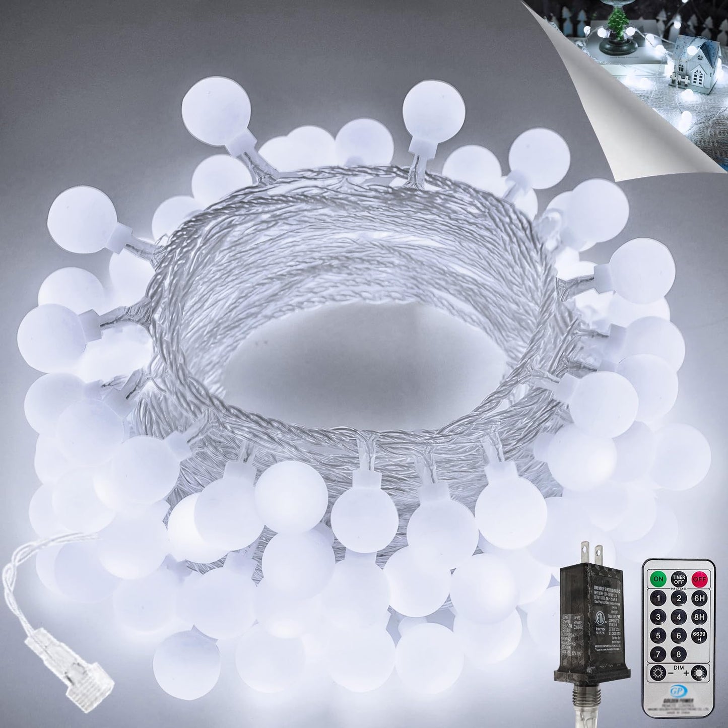 LORRYTE 100 LED Connectable String Lights, Cool White, 43ft with Remote & Timer, Waterproof Globe Fairy Lights for Indoor Outdoor Decor