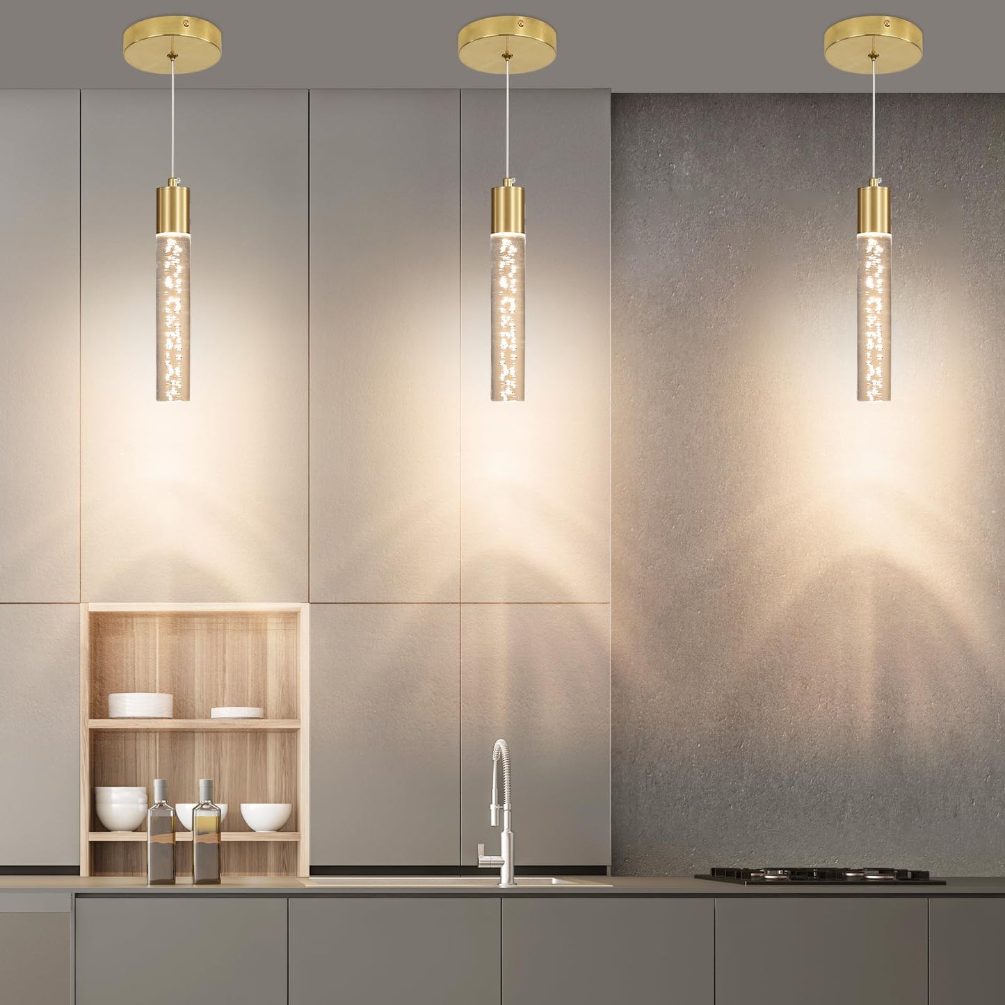 2 Pack Modern Kitchen Island Hanging Light  Gold Led Pendant Lights Fixture  Bubble Acrylic  3 Color Temperatures  Mini Ceiling Chandelier Lighting For Dining Room  Bedroom  Foyer Entrance  Cafe Bar