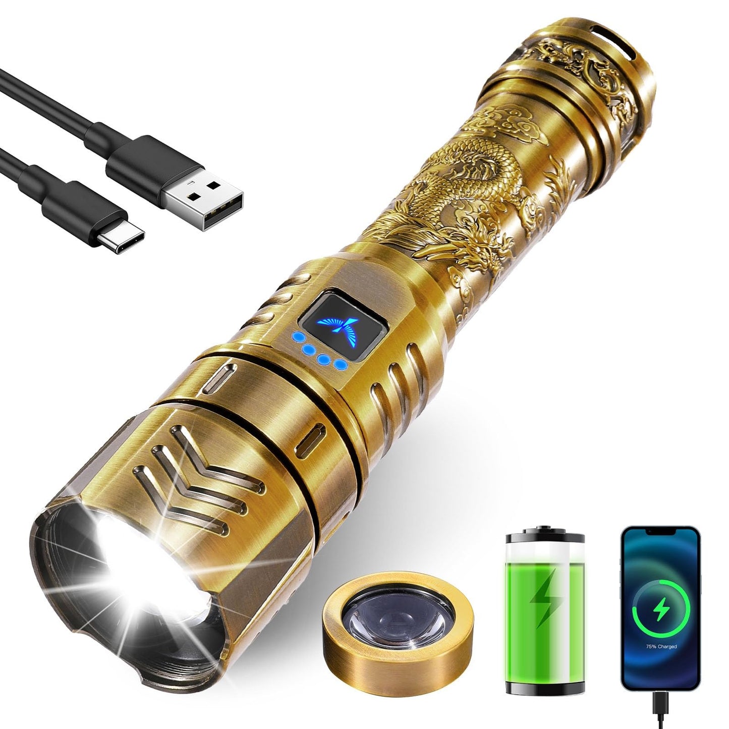 Skyfire Led Flashlights High Lumens With Ignition Lens 3000Lm Rechargeable Super Bright Flashlight Zoomable Four Modes Waterproof Tactical Flash Light For Camping Essentials Outdoor Home&Gifts-Gold