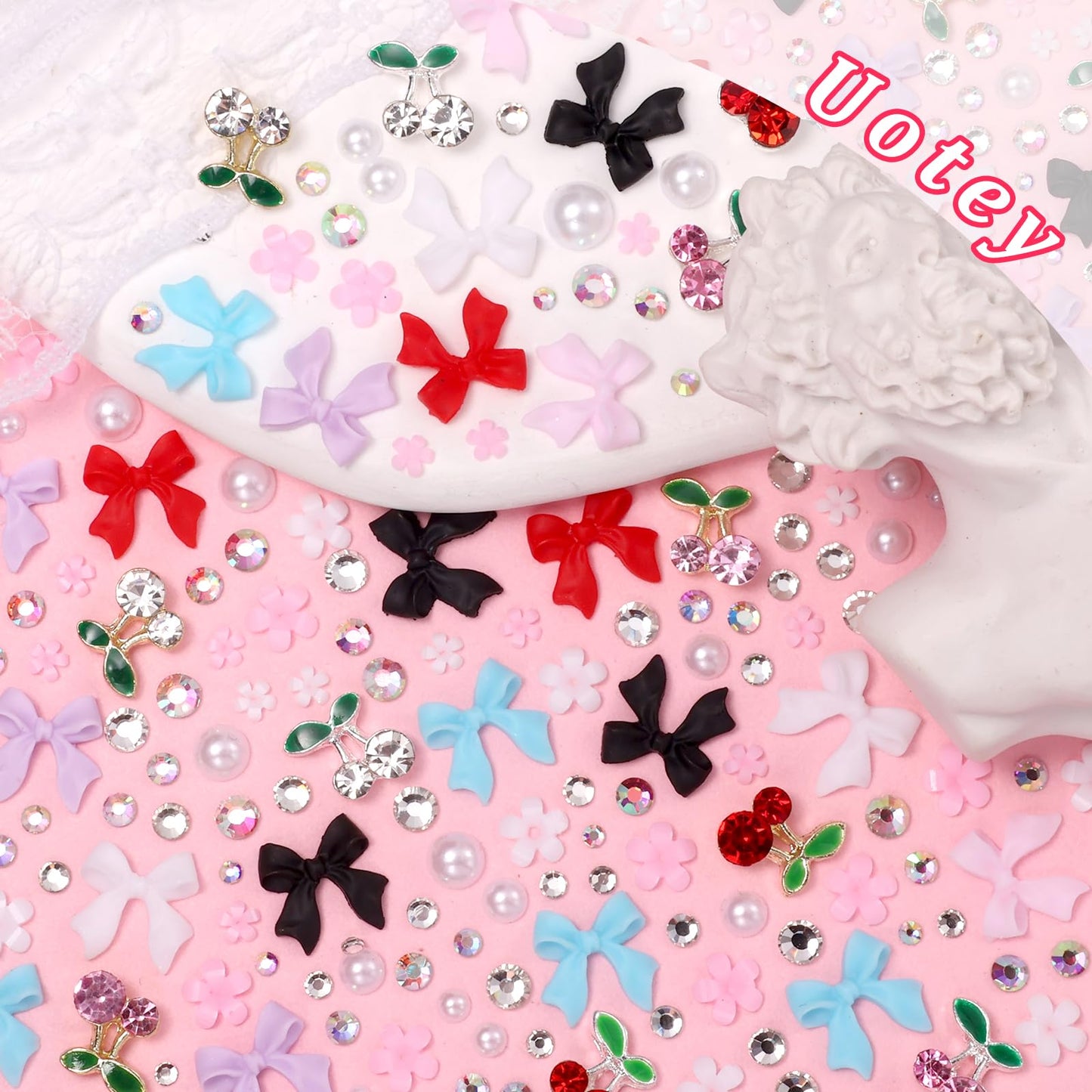 3D Bow Nail Charms and Rhinestones, Color Acrylic 3D Nail Bows Cherry Nail Charms, Bows Blossom Flowers Nail Charms and Gems for