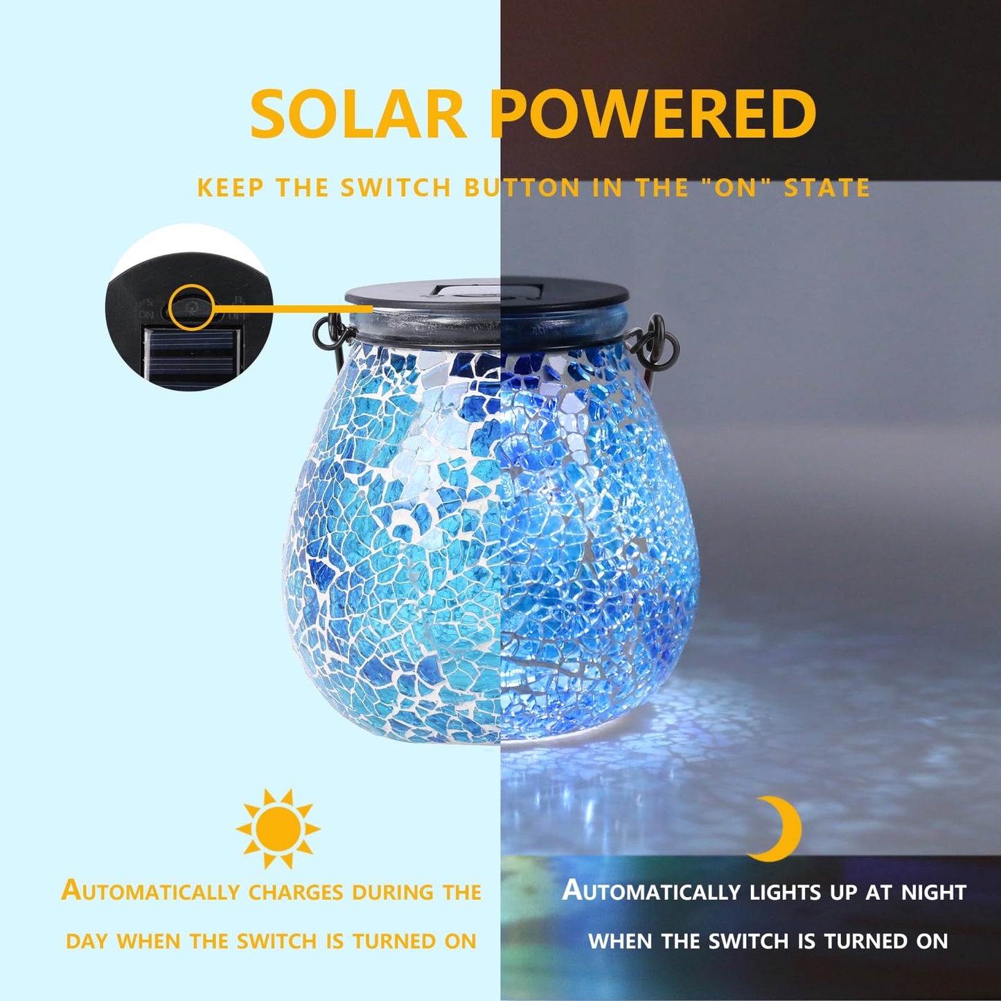Afirst Mosaic Solar Lantern - Glass Hanging Light, Waterproof Table Lamp for Outdoor, Garden, Patio, Ice-Blue, Model 5038350B