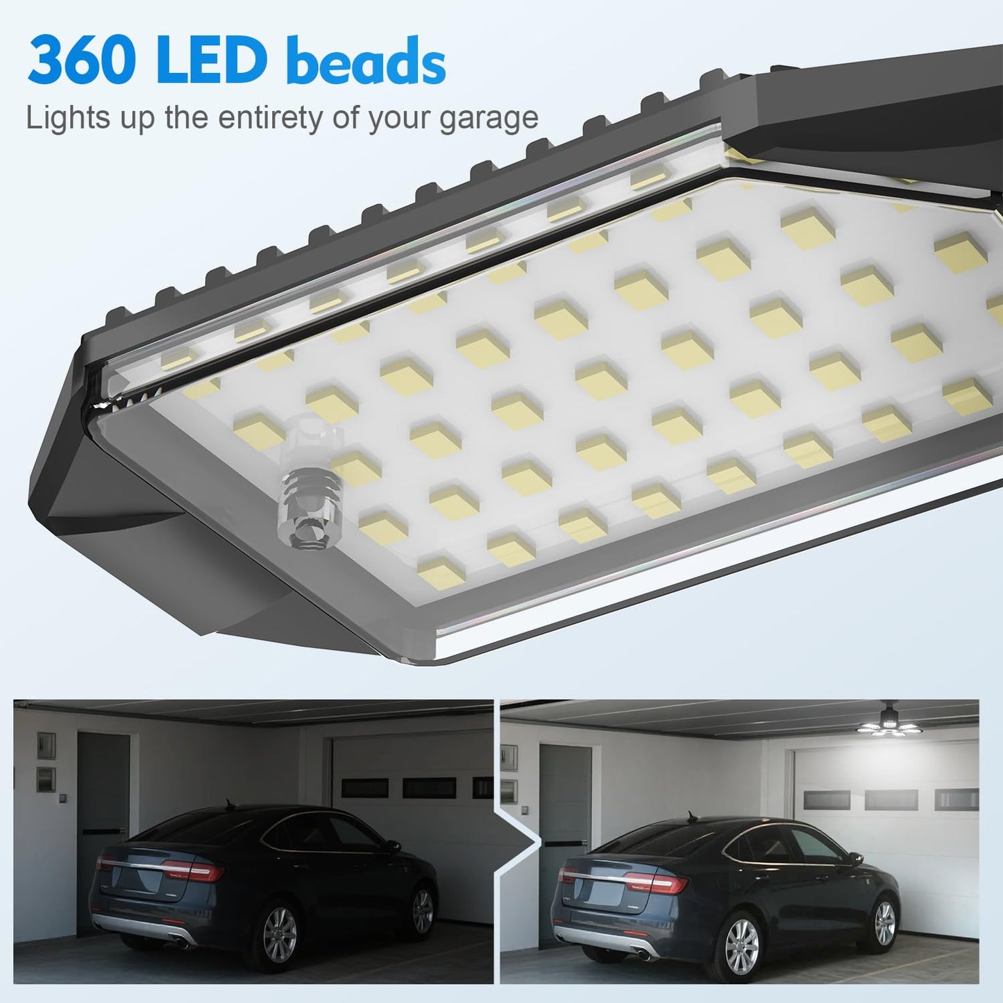 TANBABY 250W LED Garage Lights 2 Pack, 30000LM Deformable Ceiling Light, E26/E27, Black, Model T-180X