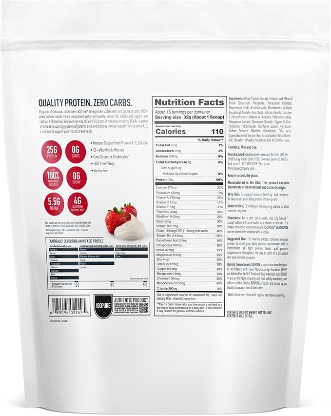 Isopure Zero Carb 100% Pure Whey Isolate Protein Powder, Lactose Free, Gluten Free, With Vitamins, Strawberries & Cream, 25g Protein Per Serving, 1 Lb, 15 Servings (Packaging May Vary)