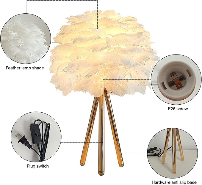 ZYLEIESENBAO White Feather Lamp Furry Table Lamp H16'' Modern Princess Feather Desk Lamp Tripod Fluffy Bedside Nightstand Light for Bedroom Wedding Atmosphere Girl Gift Living Room Retaurant Entryway
