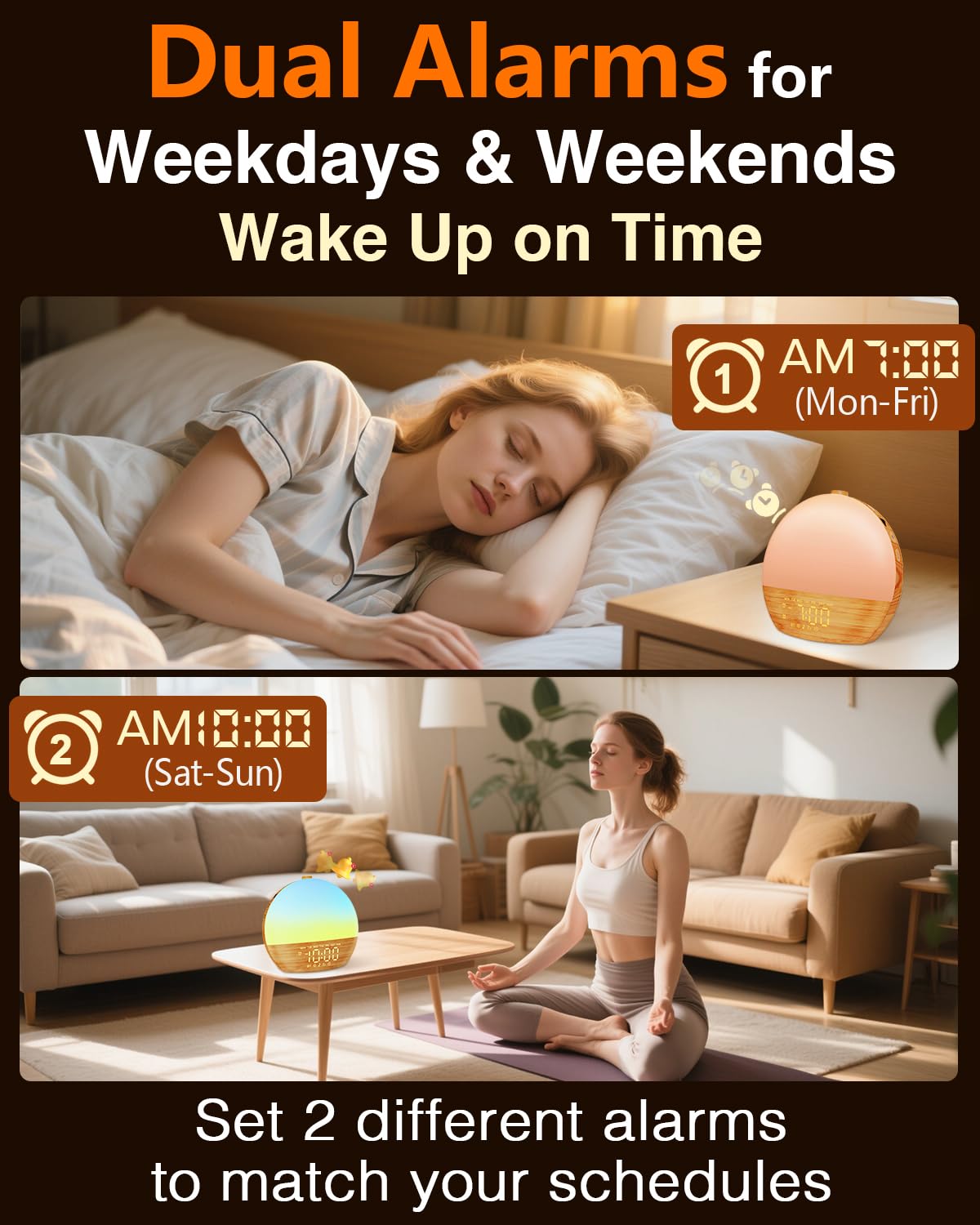 Sunrise Alarm Clock with Sound Machine - Wake Up Light, Wood Grain, Bluetooth, Dual Digital Alarm Clocks for Bedrooms, Adjustable Brightness, 30 Sleep Sounds, White Noise Machine for Baby & Adults