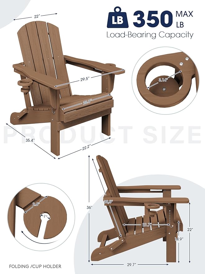 KINGYES Folding Adirondack Chair Set of 8, Dual Cup Holders & All-Weather HDPE, Wood-Like Patio Chair for Backyard, Camping, Pool & Fire Pit, Brown