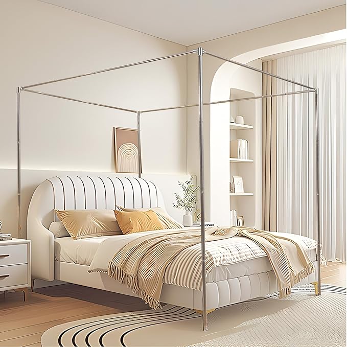 Stainless Steel Canopy Bed Frame Metal Frame with 4 Corners Design Sturdy Bed Canopy Frame for Wood Bed, Queen Size