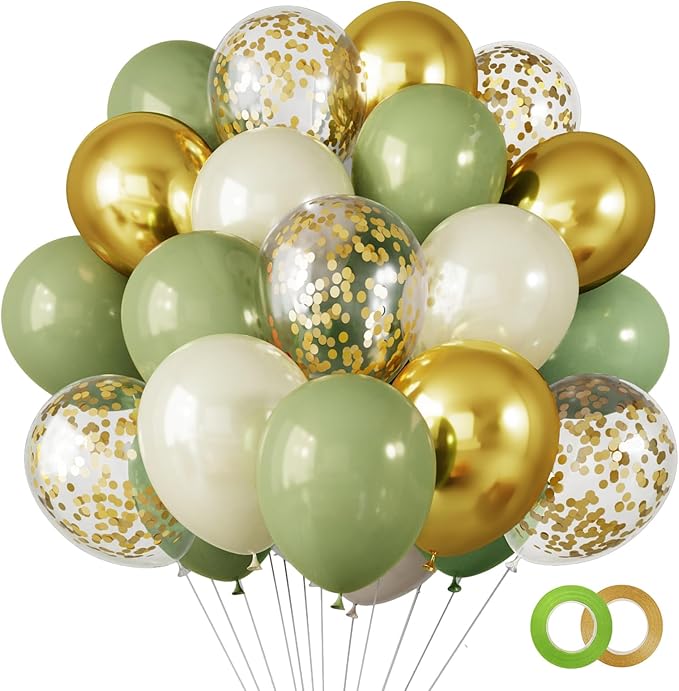 RUBFAC 65 Pcs 12 Inches Sage Green Gold Confetti Balloons Kit, Green Gold Sand White Party Balloons with Ribbons for Tiana...