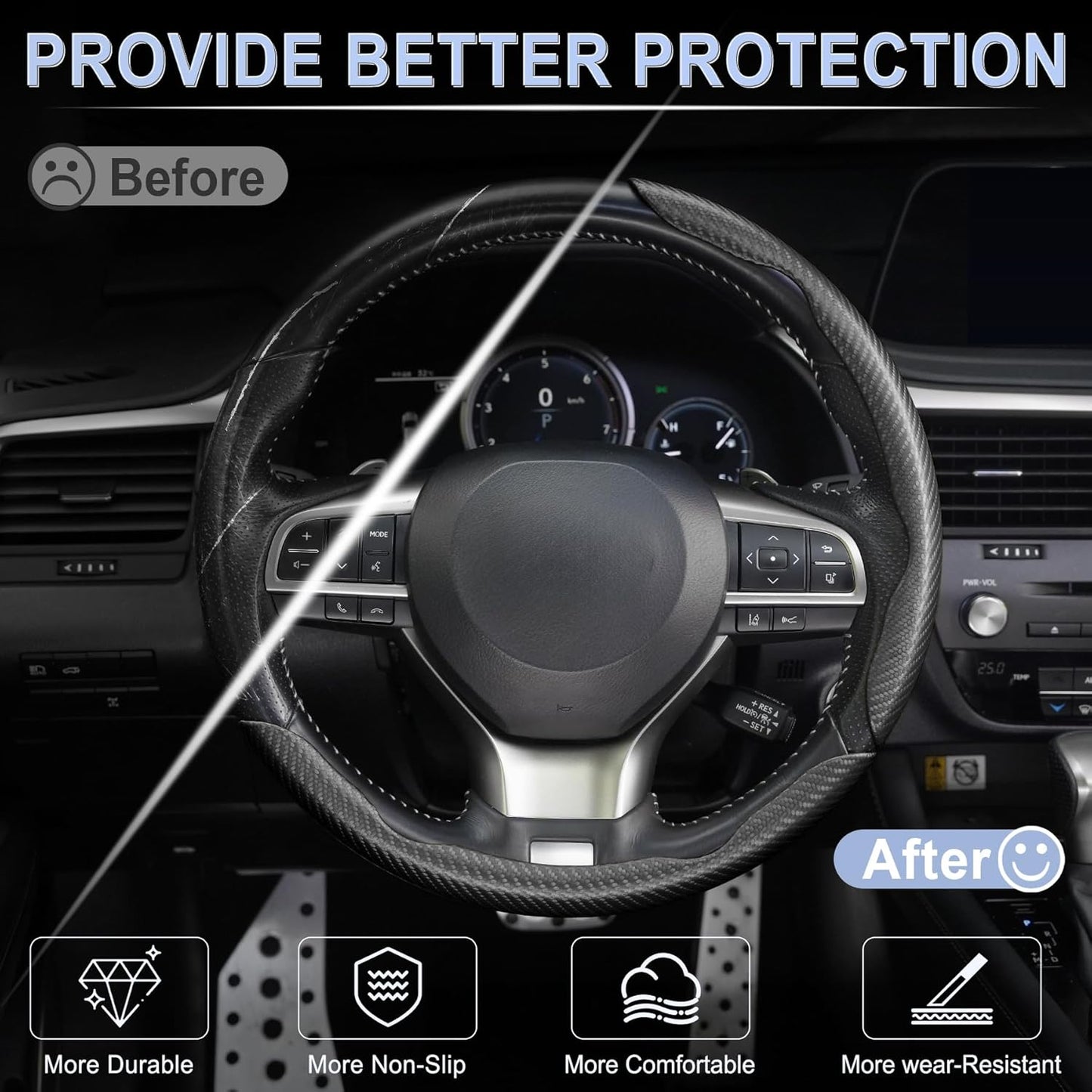 Amiss 3pcs Carbon Fiber Anti-Skid Steering Wheel Cover, Segmented & Butterfly Design, Universal 99% Car Wheel Cover Protector, Black