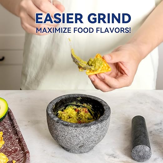 Koville African Natural Granite Mortar and Pestle Set, Grinder Bowl for Guacamole, Salsa, Pill Crusher, Spice, Herb, Garlic, Nut, Heavy Duty Grinder for Kitchen (Sandblasted Finish)