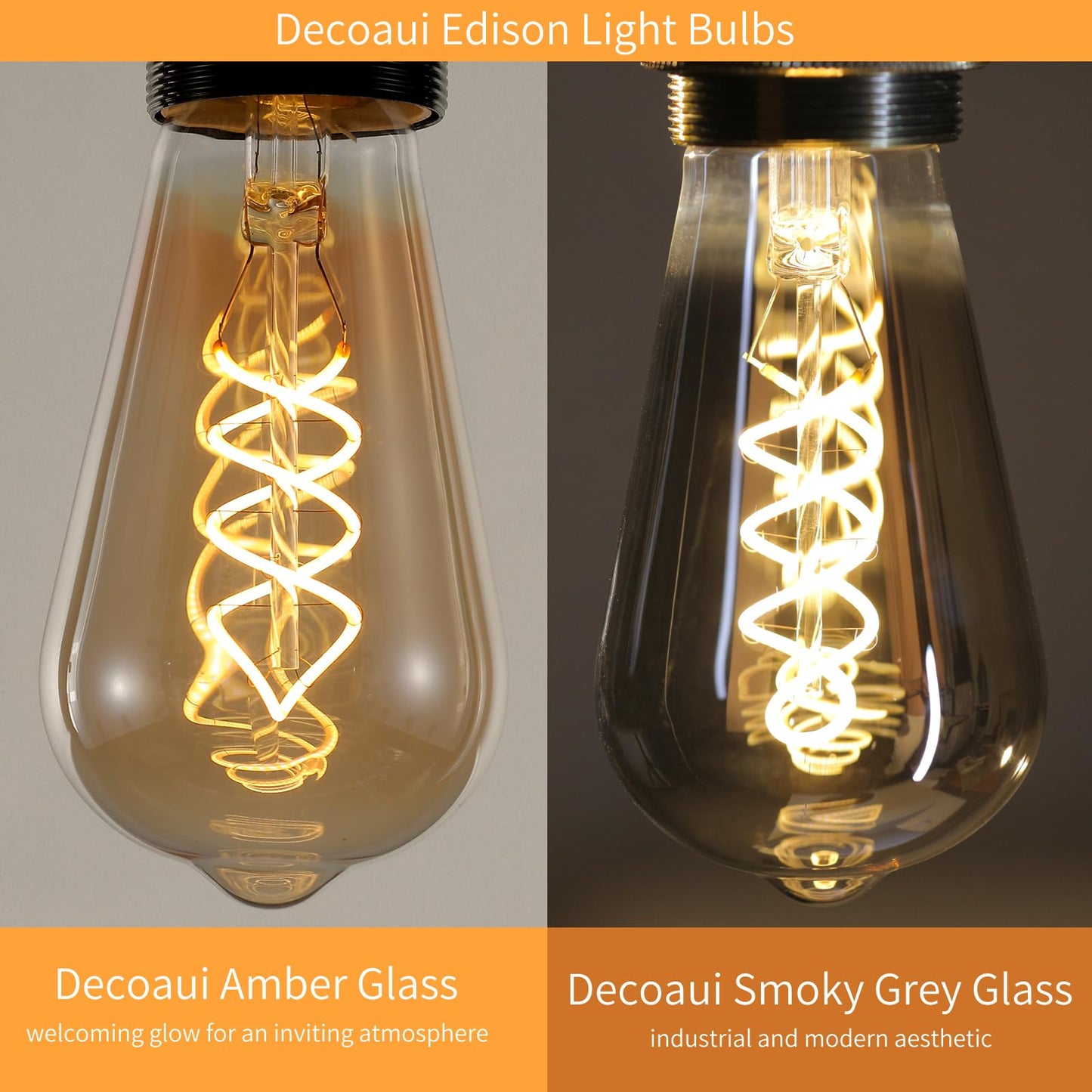Decoaui E26 St64 Vintage Edison Light Bulbs  Smoky Grey Coated Glass  Dimmable  4W(20W Equivalent) 200 Lumin  2700K Soft White  Spiral Filaments Design  Antique Style  25000 Hrs  3-Pack