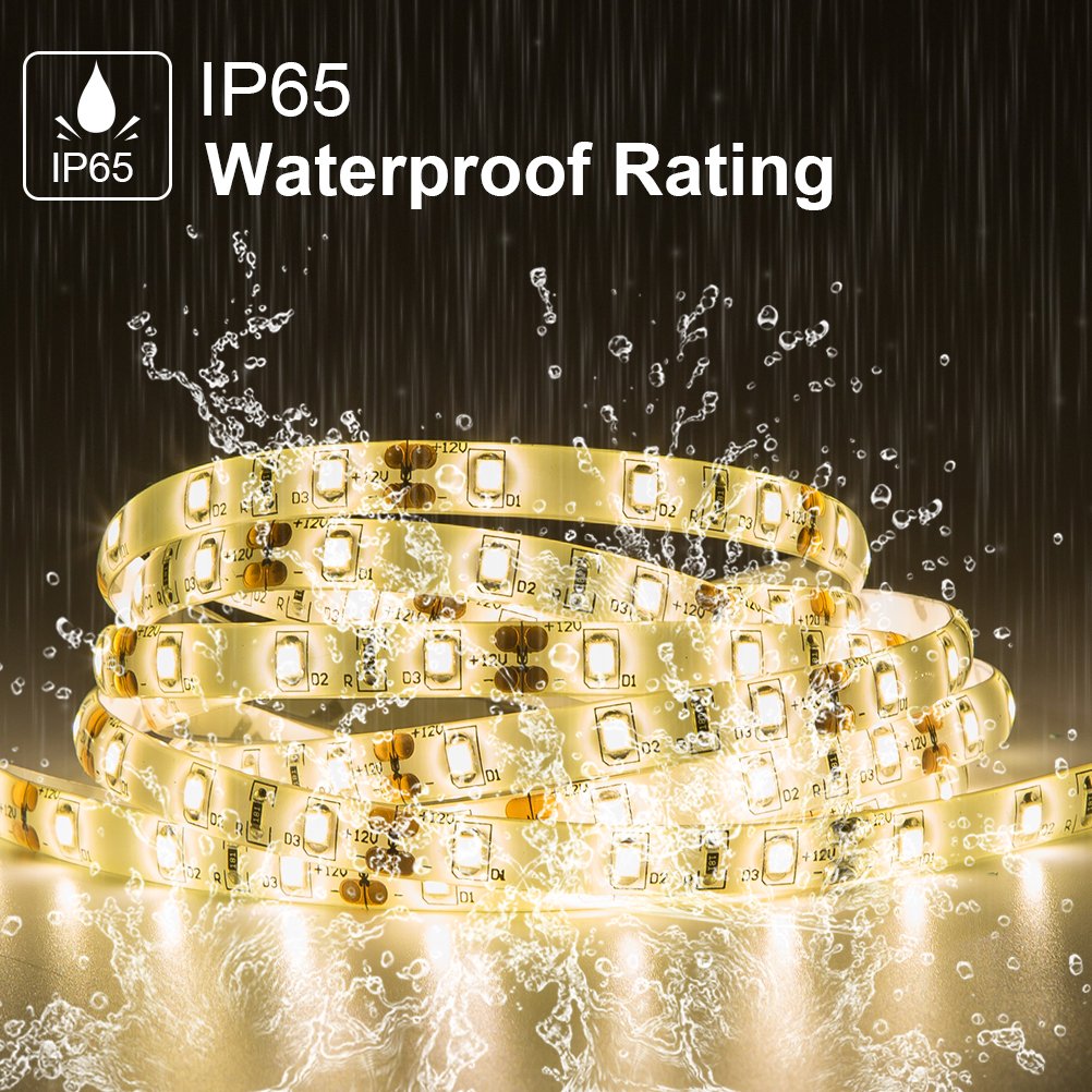 GUOTONG Warm White LED Strip Lights, 12V Waterproof 16.4ft Flexible Tape Light, 300 SMD 2835 for Indoor/Outdoor Use