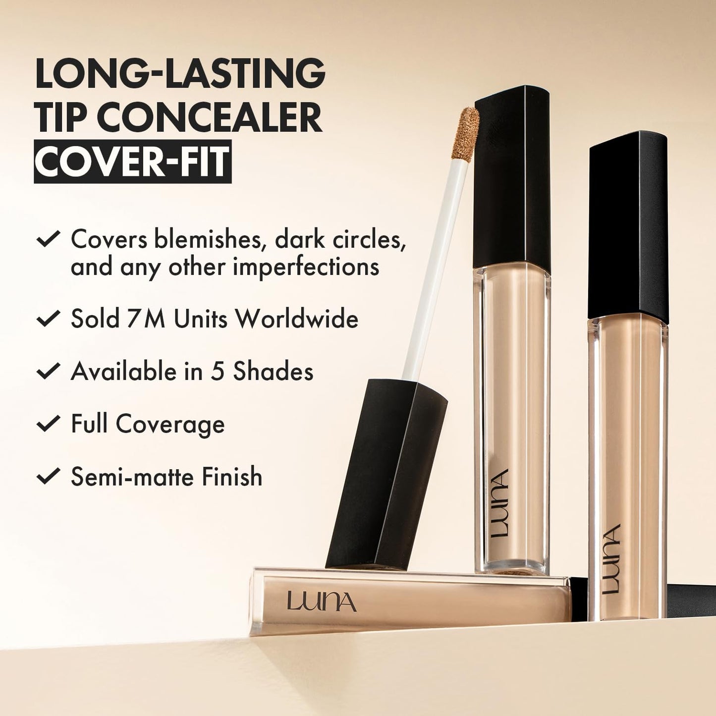 LUNA Long-Lasting Tip Concealer Cover-Fit (#02 Beige) Full Coverage, for Under Eye Dark Circles, Fine Lines, Redness & Discolora
