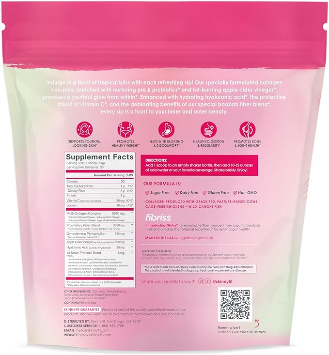 SkinnyFit - Super Youth, Strawberry Watermelon (28 Servings) - Multi Collagen Peptides Powder - Probiotics, Fiber, Hyaluronic Acid - Collagen for Women - Non GMO, Gluten Free, Sugar Free - Self Care