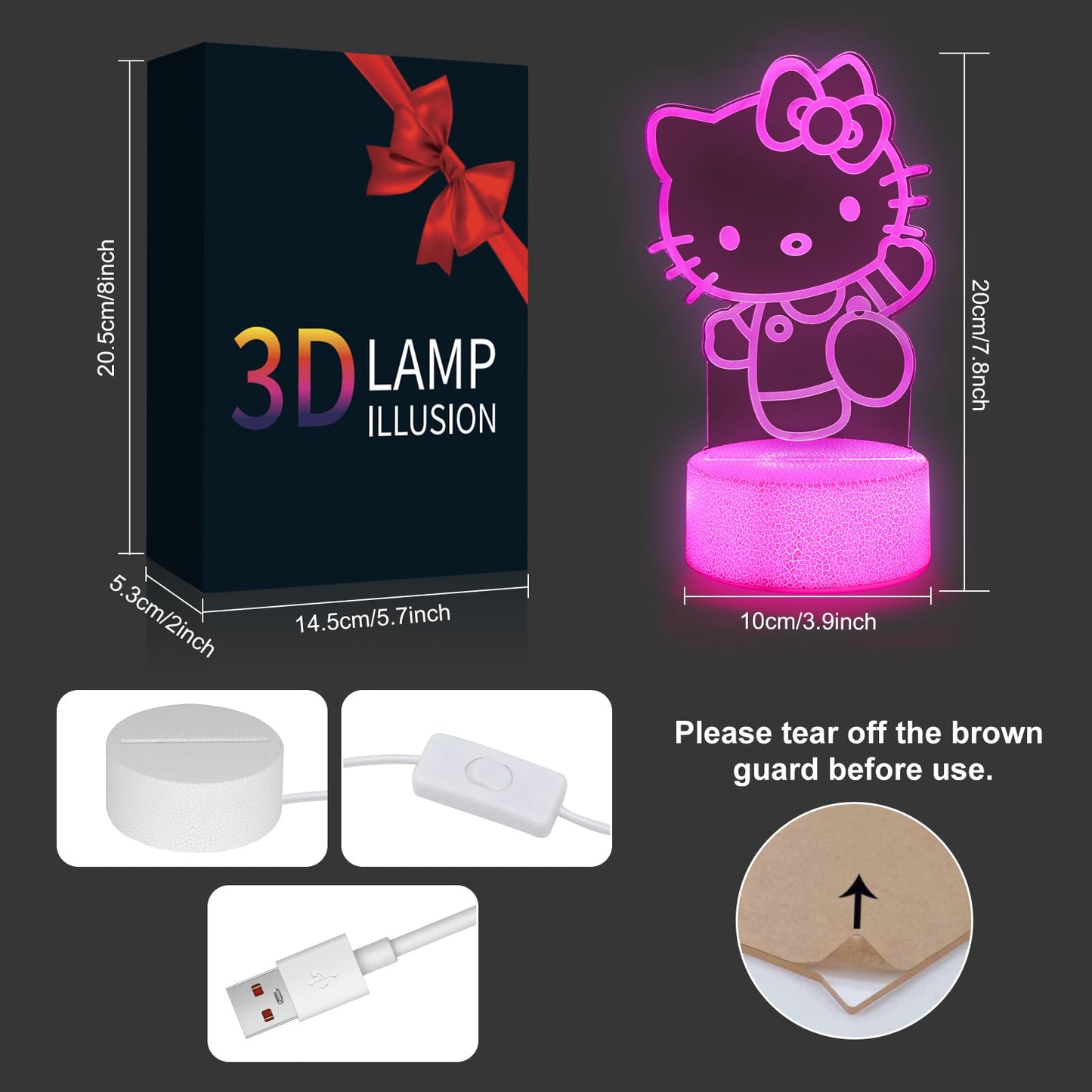 Sunduck Pink Kawaii Kitty 3D Night Light With Corded Control- Dreamy Girls Room Decor  Perfect Birthday/Christmas Gift For Kids  Unique Holiday Present