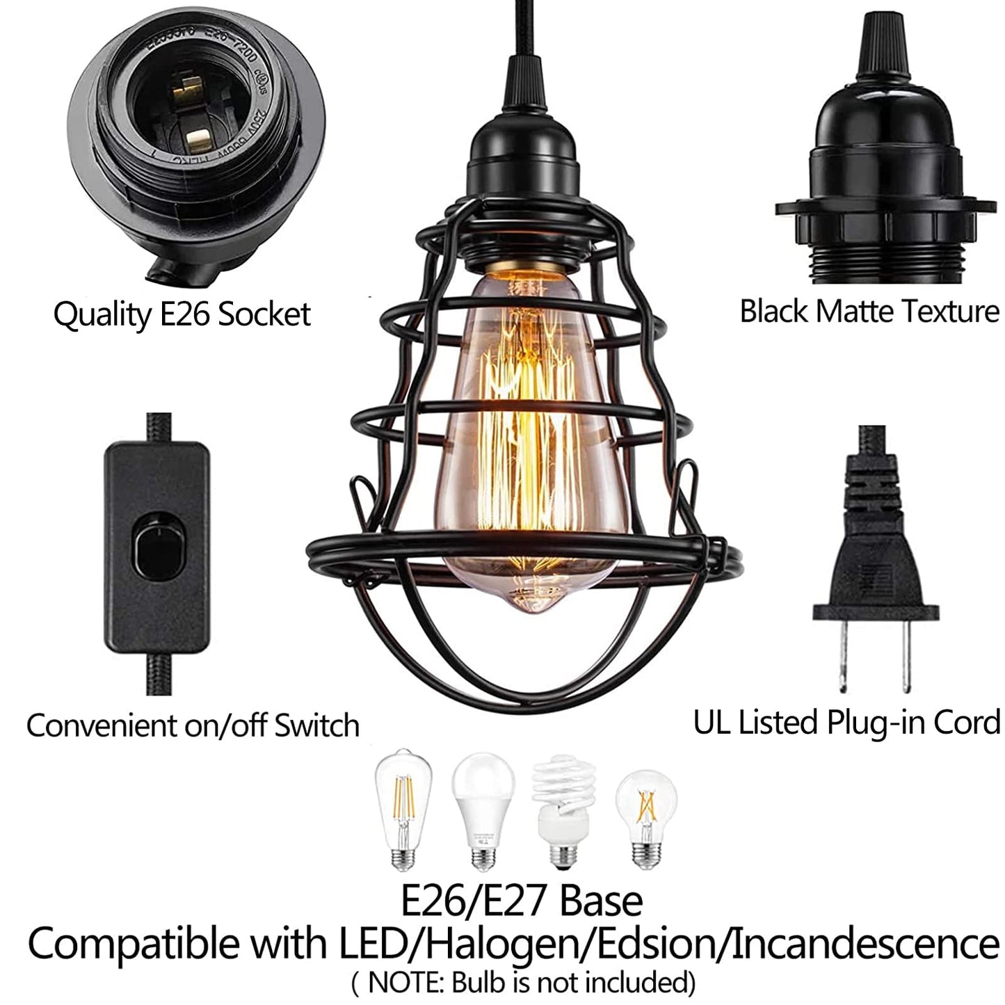 Asnxcju Industrial Plug-In Pendant Light, Vintage Cage Design, Metal, Black, E26/E27, 2 Pack