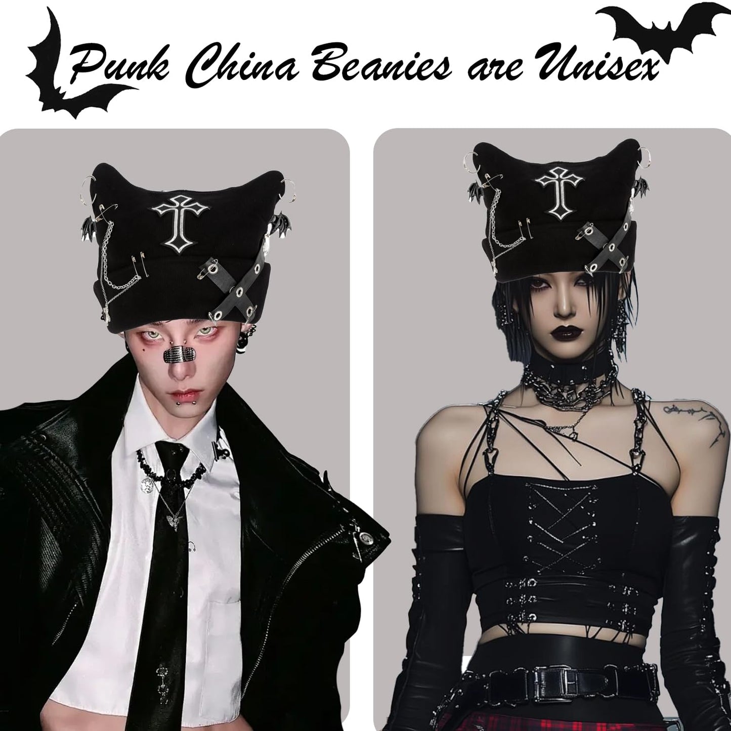 Arogheiz Womens Grunge Beanie Goth Crochet Hat, Y2K Cat Fox Ear Beanie Gothic Accessories Winter Outdoor Streetwear Black