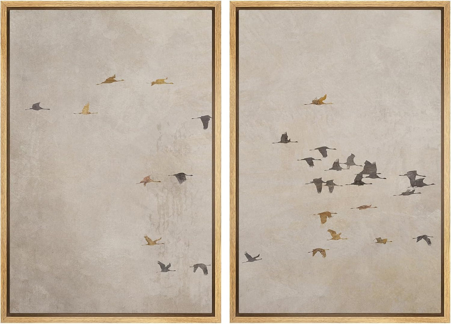 SIGNWIN Framed Canvas Print Wall Art Set Flying Birds Silhouette Minimalist Beige Illustrations Modern Minimal Decorative for Living Room, Bedroom, Office - 24"x36"x2 Natural
