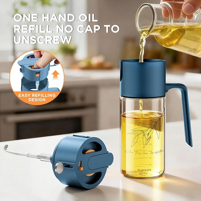 17oz/500ml Premium Olive Oil Sprayer for Cooking, 2 in 1 Glass Olive Oil Dispenser Bottle for Kitchen Gadgets, Spray Bottle with Portion Control for Salad, Frying, BBQ (Blue)