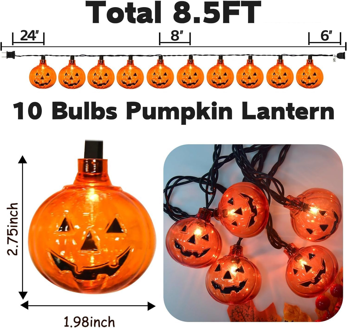 SOTOPOO LED Halloween Pumpkin String Lights, 10 Smiling Jack OLanterns, 8.5FT, Indoor/Outdoor, Model LR-DD-L-10E/1F